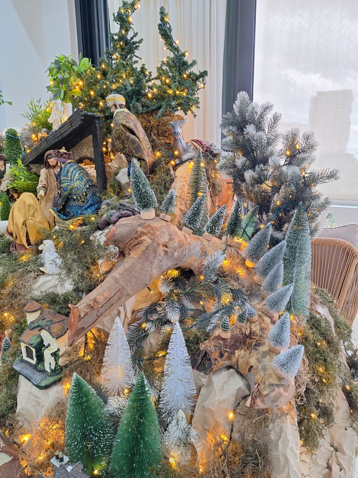 Nacimiento sobre un tronco de driftwood, rodeado de pinos nevados en miniatura.